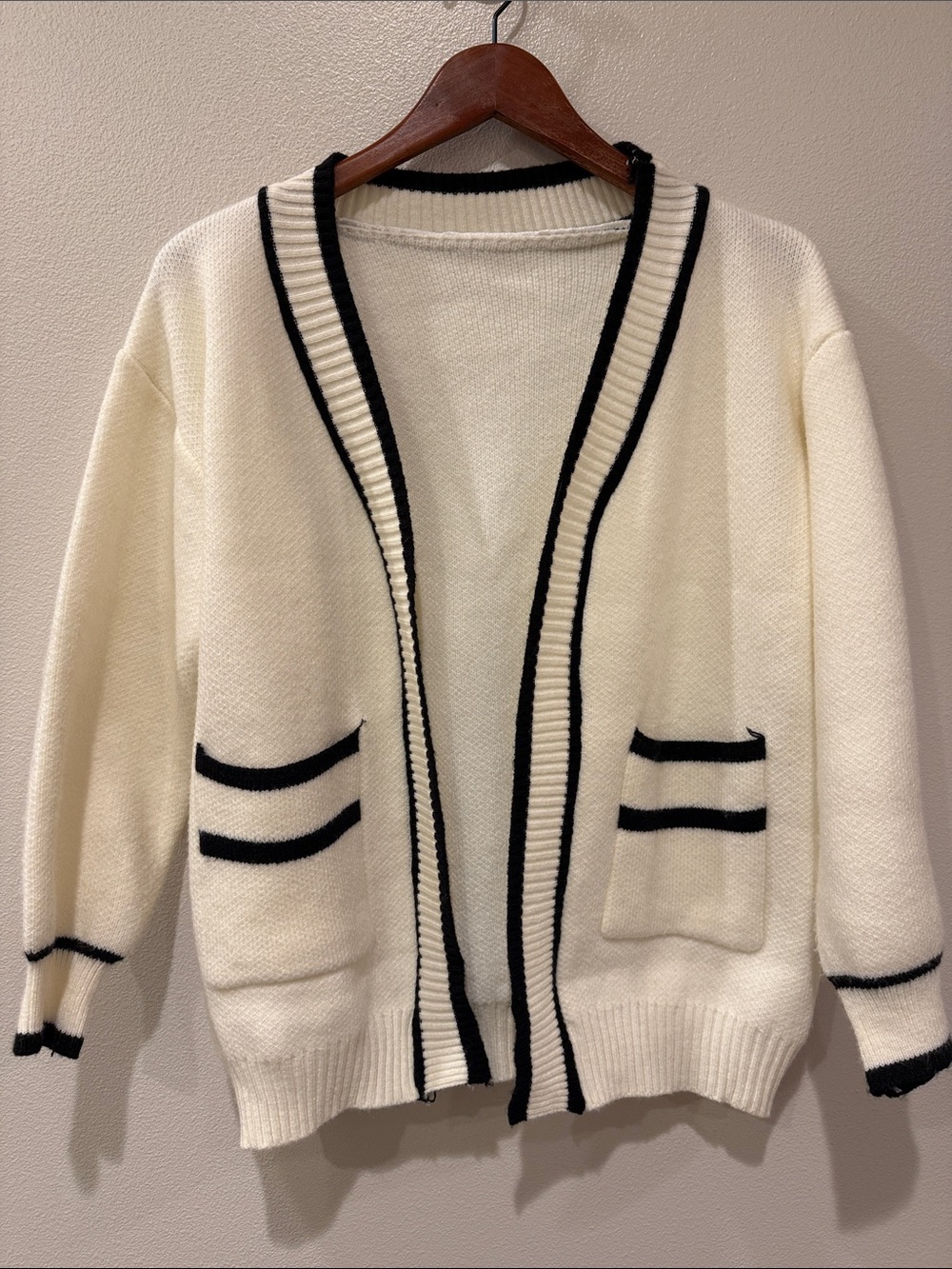 Amazon Cream Open-Front Cardigan with Black Stripe Trim